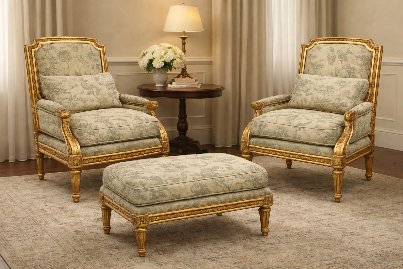 Louis XVI Bergere Chairs & Ottoman